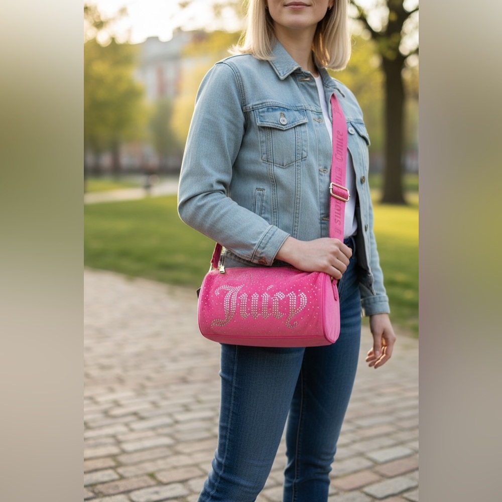 Juicy Couture Pink Velour Crossbody Barrel Bag w/Rhinetsones